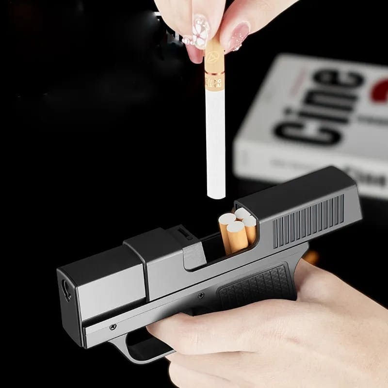 AMT Pistol Lighter, 10Pcs Regular Cigarette Case with Lighter, Metal Turbo Gun Lighter, Windproof Cigar Lighter, Inflatable Lighter With Cigarette Case, Cigarette Storage Jet Flame Lighter AMT Pistol Lighter, 10Pcs Regular Cigarette Case with Lighter, Metal Turbo Gun Lighter, Windproof Cigar Lighter, Inflatable Lighter With Cigarette Case, Cigarette Storage Jet Flame Lighter
